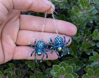Blue Black Beaded Spider Earrings: Teal Blue Green Witch Goth Jewelry- Pave beaded- Party Girl-Glam Spider-Goth wedding-Star Light