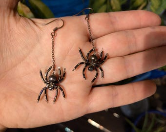 Beaded Spider Earrings: Pearl Spider, Halloween Goth Jewelry