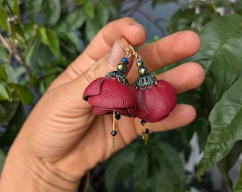 Red Leather Flower Earrings - Flamenco- Bellydance - Fairy Earrings Hand Made - Rare - Small Batch Jewelry