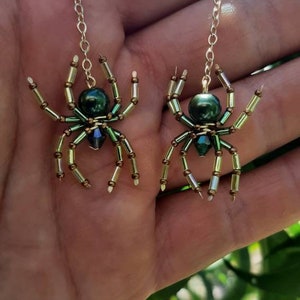 Green OMBRE Spider Earrings Beaded Spider Halloween -Varigated Green-Witch Goth Jewelry Creepy Crawly Beautiful spiders- MOSSY
