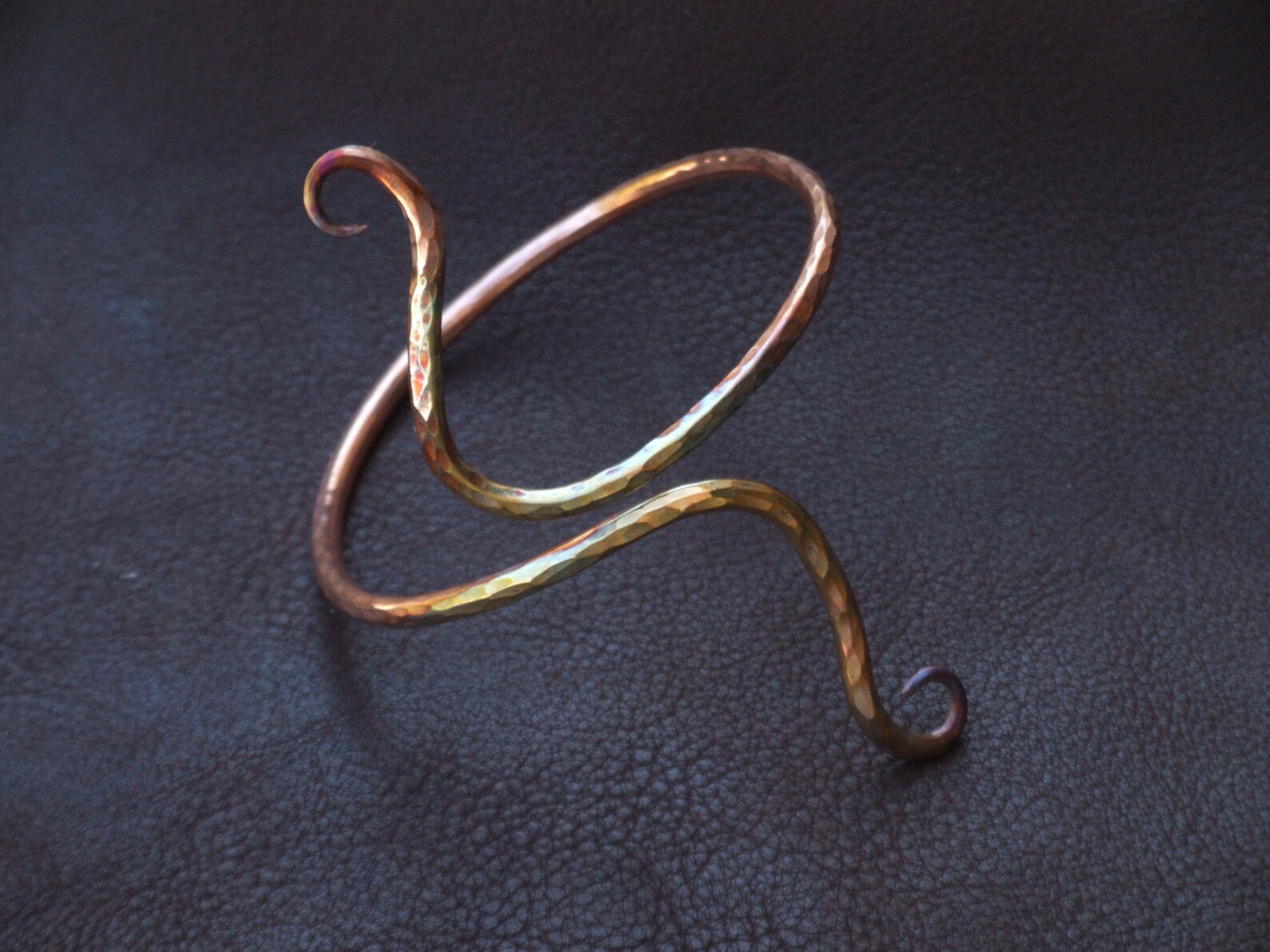 Snakelike Copper Hammered Arm band with curled ends flame Etsy