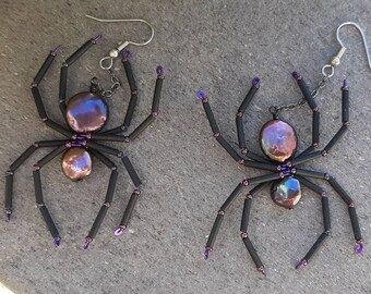 Large Black and Purple Pearl Spider Earrings Beaded Spider Halloween Witch Goth Jewelry Creepy Crawly Purple Cultured Pearl body