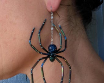 Large Metallic Blue/Green Iris Spider Earrings Beaded Spider Halloween Witch Goth Jewelry Creepy Crawly- Fancy Spiders- Statement Jewelry