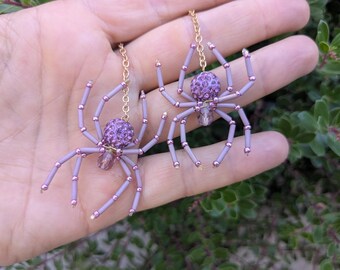 Pink Purple Disco Ball Spider Earrings: Lilac Purple Crystal Beaded Halloween Goth Oddity- Party Girl - Glam Spiders