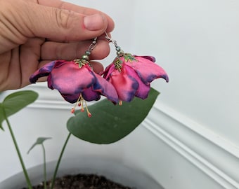 Neon Pink Fabric Flower Earrings Fuchsia flower tango flamenco bellydance Fairy Earrings Hand made unique flower earrings