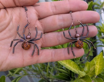 Beaded Spider Earrings: Brown Pavé Beaded Spider -Medium Size-Glam Halloween Jewelry-Autumn