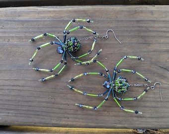 Large Green and Black Vintage Beaded Spider Earrings: Halloween Goth Oddity Jewelry-Small Batch -Upcycled GABRIELLA