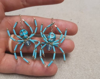 Turquiose and Gold Skull Spider Earrings - Beaded Spider Halloween Witch Goth Jewelry Creepy Crawly Beautiful Spiders- Lakota