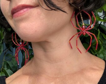 Red Beaded Spider Earrings: Halloween Goth Oddity Jewelry