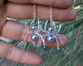 Tiny Chrome Spider Dangle Earrings: Halloween Goth Jewelry