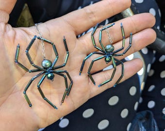 Green Pearl Spider Earrings: Beaded Halloween Goth Jewelry
