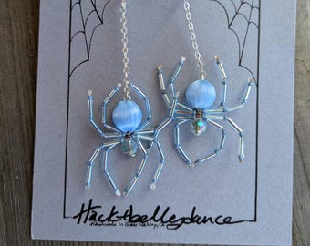 Light Blue Spider Earrings - Medium Small  Sky Blue Beaded Spider Halloween Witch Goth Jewelry Creepy Crawly Pegan jewelry- Ciel