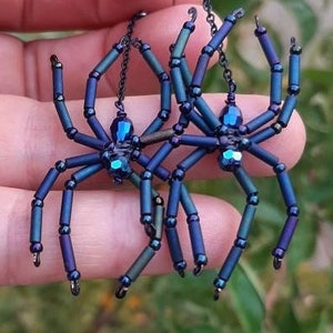 Dark Blue Purple Spider Earrings - Medium Metallic Blue Beaded Spider Halloween Witch Goth Jewelry Creepy Crawly Pegan jewelry- Babe