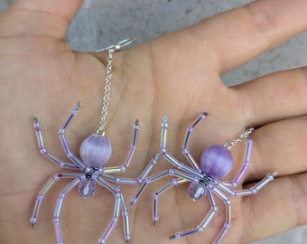 Light Purple Spider Earrings: Beaded Halloween Goth Jewelry- Vintage Upcycled beads- Good Witch