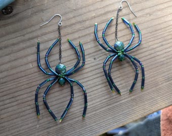 Chrysocolla Blue Green Spider Earrings - Large Blue semi precious Beaded Spider Halloween Witch Goth Jewelry Oddity jewelry- Gaia