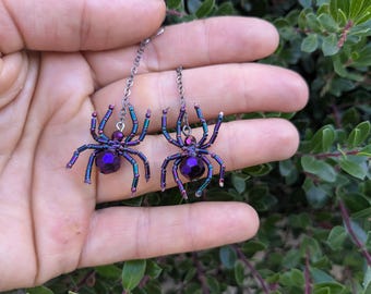 Dark Purple Crystal Beaded Spider Earrings Goth Wedding Halloween, Witch, Goth Jewelry Small Spiders- Oddity jewelry-Sooo Purple