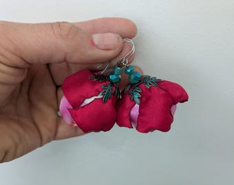 Hot Pink two toned Fabric Flower Earrings Fuchsia flower tango flamenco bellydance Fairy Earrings Hand made unique flower earrings