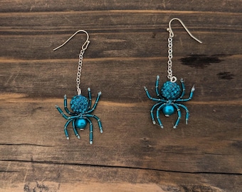 Turquoise Beaded Spider Earrings: Teal Blue Green Witch Goth Jewelry- Pave beaded- Party Girl-Glam Spider-Goth wedding