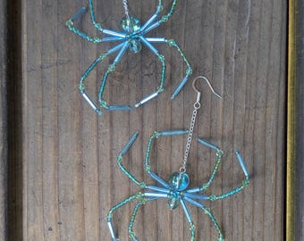 Extra Large Blue Green  Beaded Spider Earrings: Halloween Goth Oddity Jewelry- AEGEAN