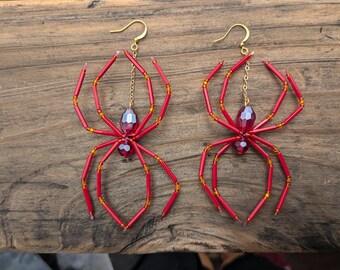 Red Beaded Spider Earrings: Halloween Goth Oddity Jewelry