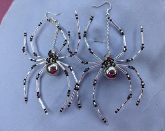 Giant Chrome Spider Earrings: Halloween Goth Beaded Jewelry