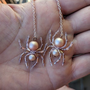 Vintage Rose Gold Pearl Spider Earrings small spiders- Pink Small Spiders Beaded Spider Halloween Witch Goth Jewelry Pegan jewelry -Elena