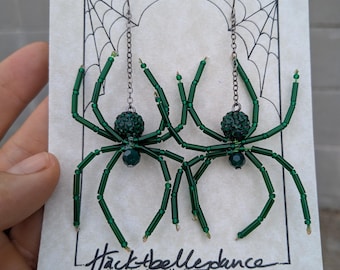 Kelly Green Beaded Spider Earrings: Halloween Goth Jewelry- pave beads rhinestone - party girl spiders-