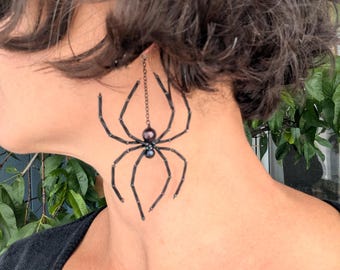 Giant Black Widow Spider Earrings: Pearl Body Goth Jewelry