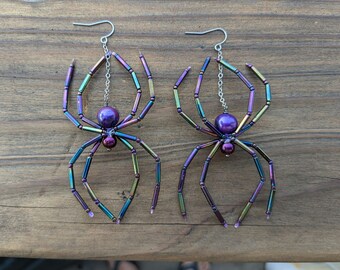 Large Purple Pearl Spider Earrings: Beaded Black Widow Goth Jewelry