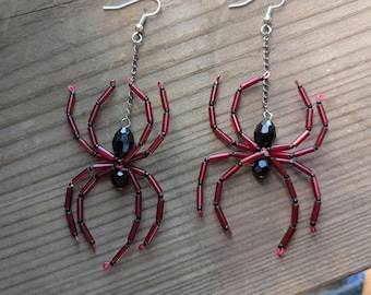 Red and Black Beaded Spider Earrings: Halloween Goth Jewelry