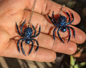Navy Beaded Spider Earrings: Pavé Crystal Goth Jewelry