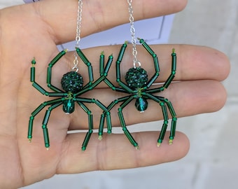 Kelly Green Beaded Spider Earrings: Halloween Goth Jewelry-Medium sized spider- pave beads rhinestone - party girl spiders-