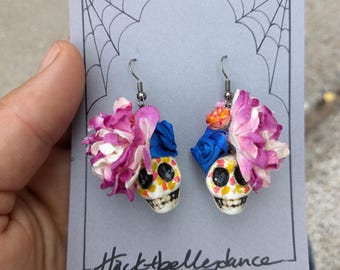 Skull Queen Flowered Headdress Earrings: Multicolored -  Dia De Los Muertos- Day of the Dead- OOAK