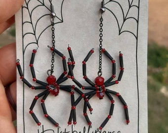 Black and Red Widow Spider Earrings Beaded Spider Halloween Witch Goth Jewelry Creepy Crawly- Elvira- vampire jewelry