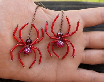 Beaded Spider Earrings: Red Pavé Beaded Spider -Medium Size-Glam Halloween Jewelry- Hot Tomato