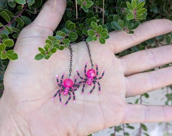 Hot Pink and Black Spider Earrings: Beaded Goth Halloween Jewelry-Tiny Black Widows Pink witch- Punk