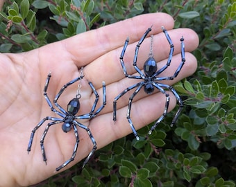 Black Widow Spider Earrings: Gunmetal Hemitite Grey Beaded Spider Goth Jewelry- Goth Wedding- Witch Earrings