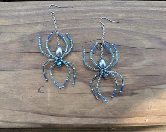 Seafoam Ombre Beaded Spider Earrings: Halloween Goth Jewelry