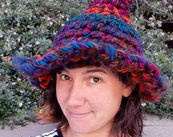 Multi colored Witch Hat Crocheted Striped witch Winter Hat. One of a Kind Witch Hat. Elf hat. Thrifted Yarn-Bespoke Cozy Witch-OOAK