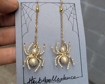 Pale Gold Pearl Spider Earrings: Halloween Goth Jewelry-Good Witch - Small Spider-Goth Wedding- Classy Witch-Halloween costume-Moonbeam