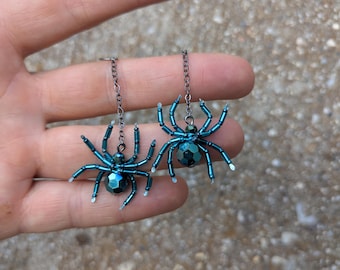 Turquoise Crystal Beaded Spider Earrings Goth Wedding Halloween, Witch, Goth Jewelry Blue Green Spiders Oddity jewelry