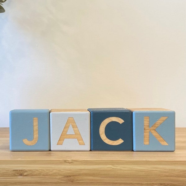 Decoración personalizada de bloques de bebé de madera, regalo de baby shower azul - Liv y Oso
