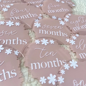 Discos de hitos de flores del mes del bebé - Ronda mensual de acrílico Daisy - Accesorios para imágenes / Regalos para recién nacidos / Baby Shower / Foto de bebé