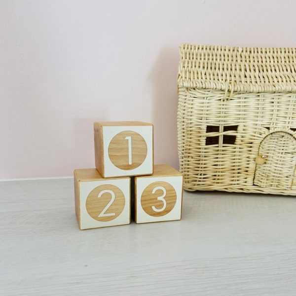 Wood Blocks 123 or ABC - Baby Shower centrepiece - white number blocks - Nursery bedroom decor - Natural wood - Non toxic - Liv and Bear