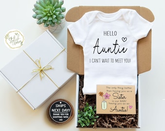 Hello Auntie GIFT BOX Baby Announcement Onesie® Bodysuit a memorable Personalize Name Pregnancy Reveal gift for a Sister new Auntie Aunt Tia