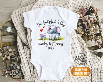 First 1st Mother's Day Baby Onesies®, Personalized Gift for New Mom, Mommy and Baby Elephant Animal Onesie®, BOHO Hipster Baby Kids Shirt