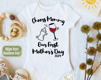 First Mother's Day Baby Onesie® perfect Gift for New Moms designed with Cheers Mommy 1st Mothers Day Milk Bottle and Wine Glass Baby Onesie®