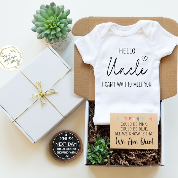 Hello Uncle GIFT BOX Baby Announcement Onesie® Bodysuit a memorable Personalize Name Pregnancy Baby Reveal gift for a Brother New Uncle Tio