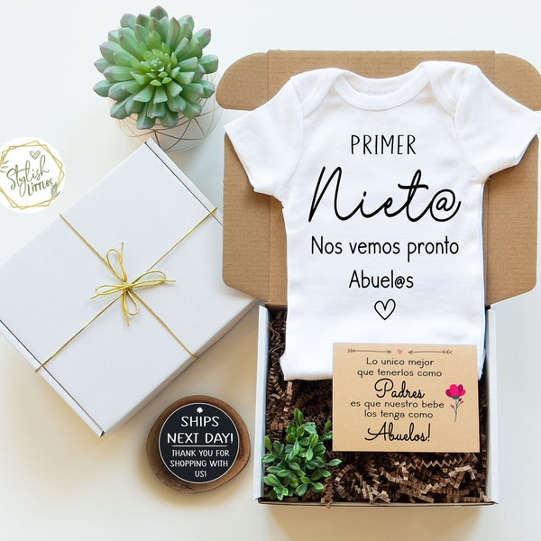 Spanish Pregnancy Announcement Gender Neutral Baby Reveal Onesie® Abuela Abuelo in Gift Box Primer Nieto Anuncio de Embarazo para Abuelitos