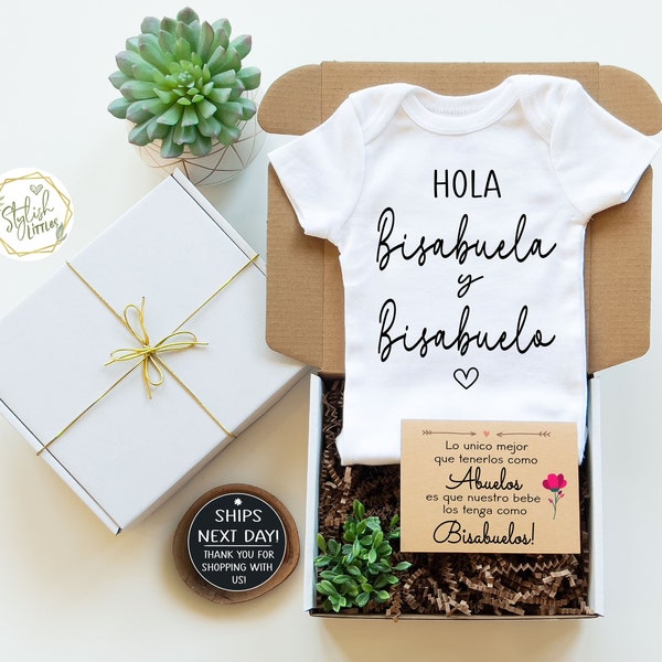 Bisabuelas Bisabuelos Pregnancy Announcement Gift Box Baby Reveal Onesie® a Spanish Anuncio de Embarazo para Bisabuela Bisabuelo Abuelitos